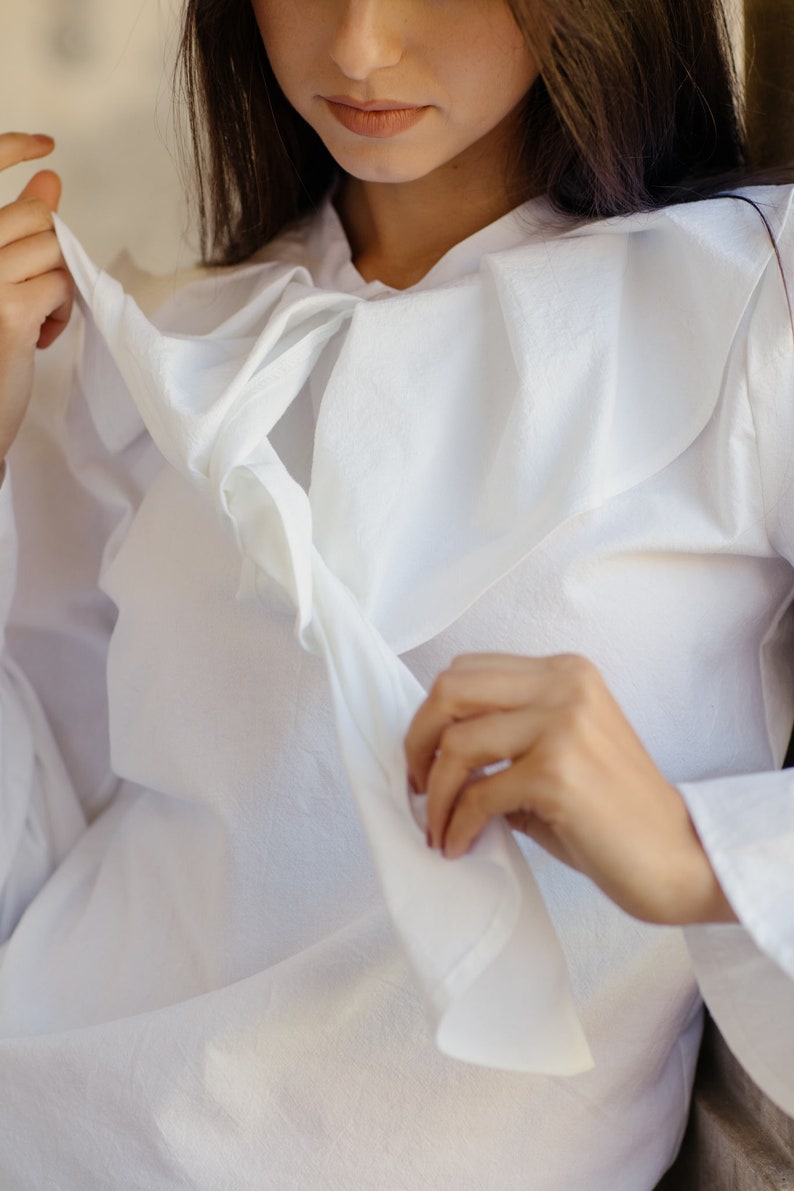 Cotton blouse TILDA White cotton elegant blouse Ruffled sleeve white blouse with bow at collar image 4