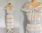 Vintage 1950s dress 50s dress beige and gray neutral lace wiggle dress oversized collar front bow medium M