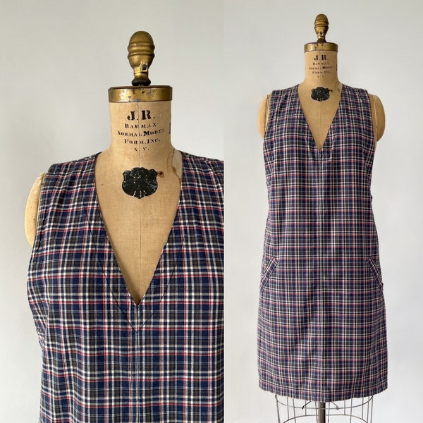 Vintage 90s Dress, 1990s Sonoma Blue Red White Olive Green Fall Plaid Cotton Jumper, Sleeveless V Neck Mini Pinafore Tank Dress, Medium