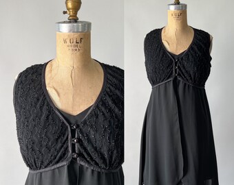 Vintage 90s Dress, 1990s All That Jazz Black Chiffon Mini Slip Dress, Sleeveless Empire Waist Open Front Sheer Lace Overlay Duster, Small