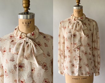 Vintage 1980s sheer chiffon leaf print pussy bow blouse / Small Medium