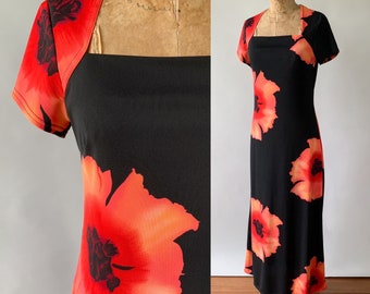 Vintage 90s Dress, 1990s Black Coral Large Scale Tropical Floral Maxi Dress, Square Neck Short Sleeve Stretchy Knit Dress, Small S Medium M
