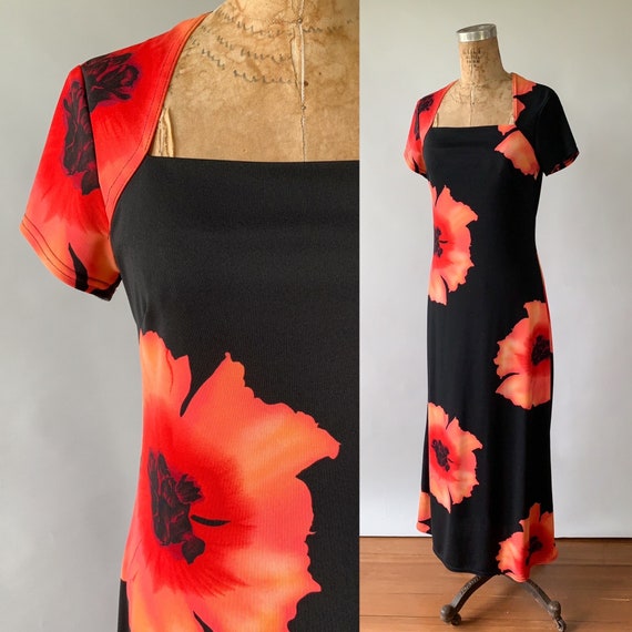 Vintage 1990s dress, 90s black maxi dress, tropic… - image 1