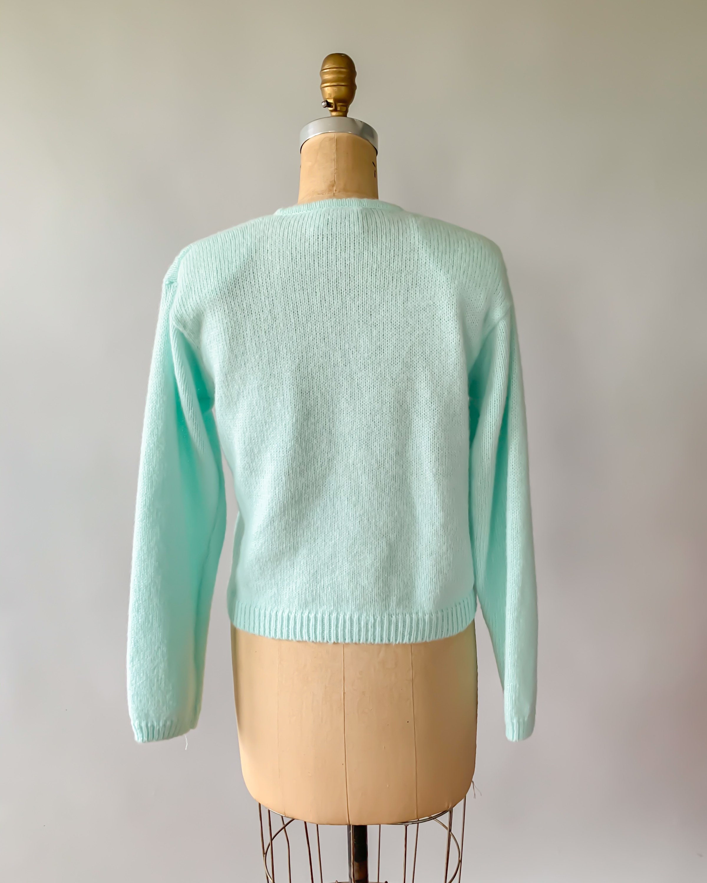 Vintage 1980s seafoam blue beaded wrap sweater, Small Medium