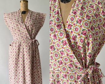 Vintage 50s Dress, 1940s 1950s Mustard Pink Rose Floral Spiderweb Print Cotton Wrap Dress, Cap Sleeve Midi House Day Dress, Medium M Large L