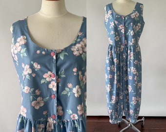 Vintage 80s Dress, 1980s Blue Pink Dogwood Floral Print Cotton Jumpsuit, Sleeveless Balloon Leg Romper, Cottagecore Style, Medium
