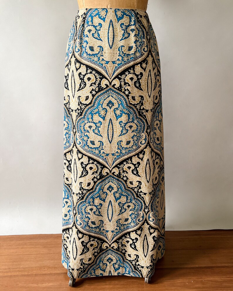 Vintage 60s skirt, 1960s blue paisley maxi skirt, zip front skirt, full length skirt, 1970s maxi skirt, Medium, W27, W28 image 5