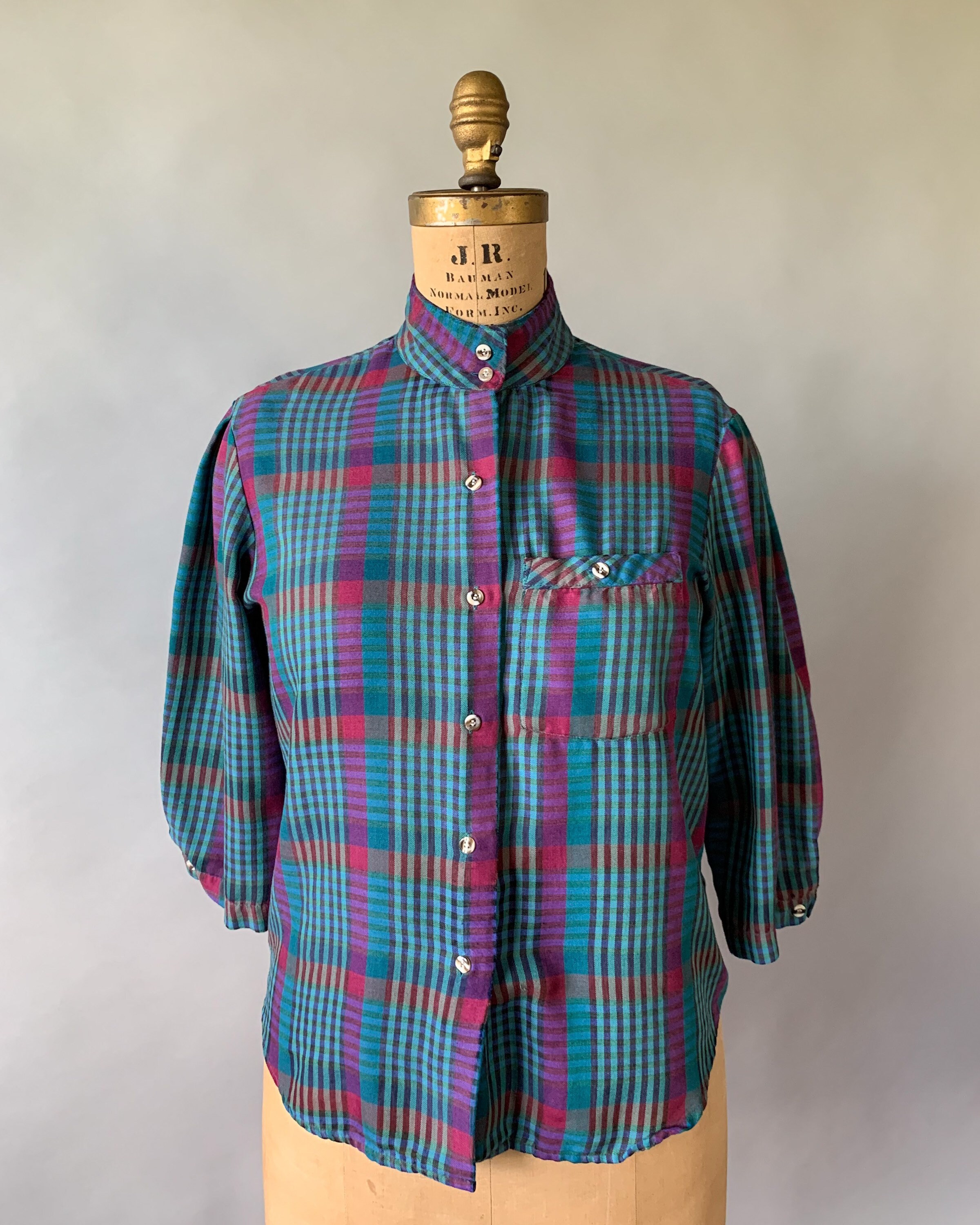 Vintage 1980s teal jewel tone plaid button down shirt, Medium