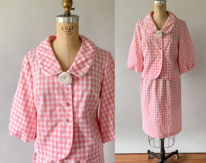Featured listing image: Vintage 1960s pink gingham cotton puff sleeved suit, Small