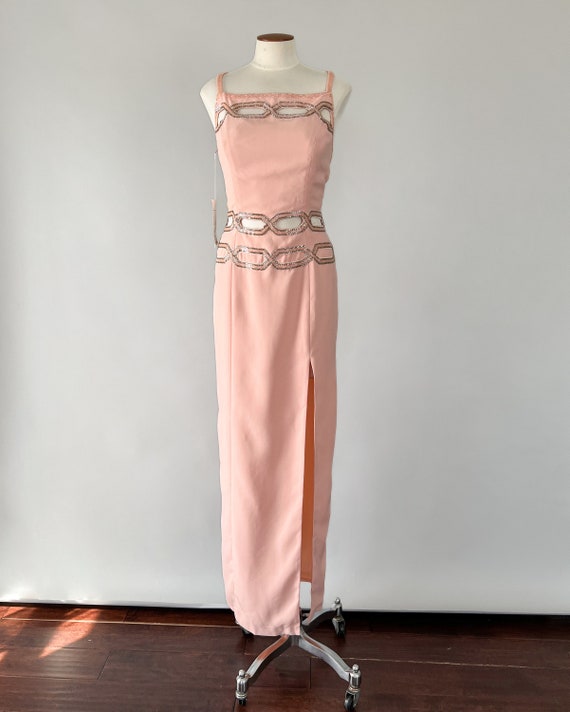 Vintage 90s Dress, 1990s Y2K Peach Pink Crepe Bea… - image 2