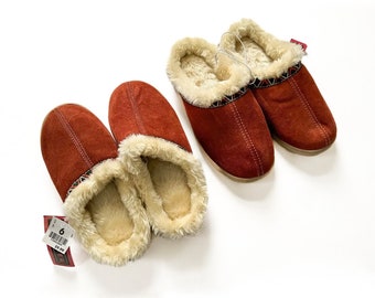 Vintage 1990s brown suede fur lined slippers, new old stock, size 6