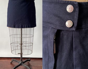 Vintage 90s Skirt, 1990s Y2K Esprit Navy Blue Cotton Mini Skirt, High Rise Side Zip Snap Short Skirt, Size 13/14 Medium M 32 Waist