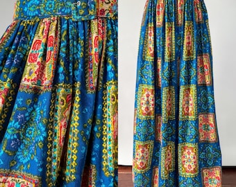 Vintage 70s Skirt, 1970s 60s Patterned Bark Cloth Full Maxi, Blue Red Yellow Medallion Patchwork Print, Belted Full Length, Small, 27 Waist