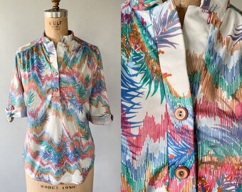 Vintage 1970s colorful palm print poly knit henley top, Small