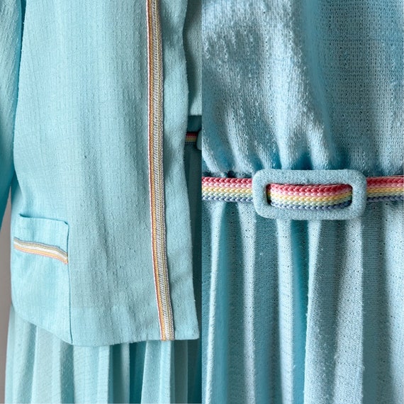Vintage 80s Dress, 1980s Aqua Blue Pastel Rainbow… - image 10