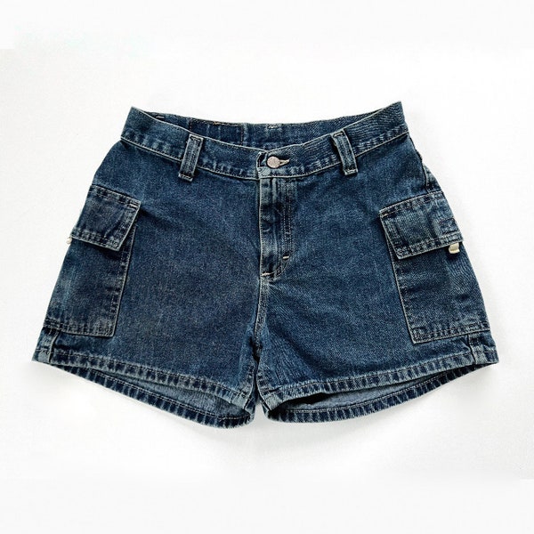 Vintage 90s Shorts, 1990s Riders Dark Blue Cotton Denim Cargo Shorts, Y2K Mid Rise Pocket Shorts, Juniors Size 9, W29 W30