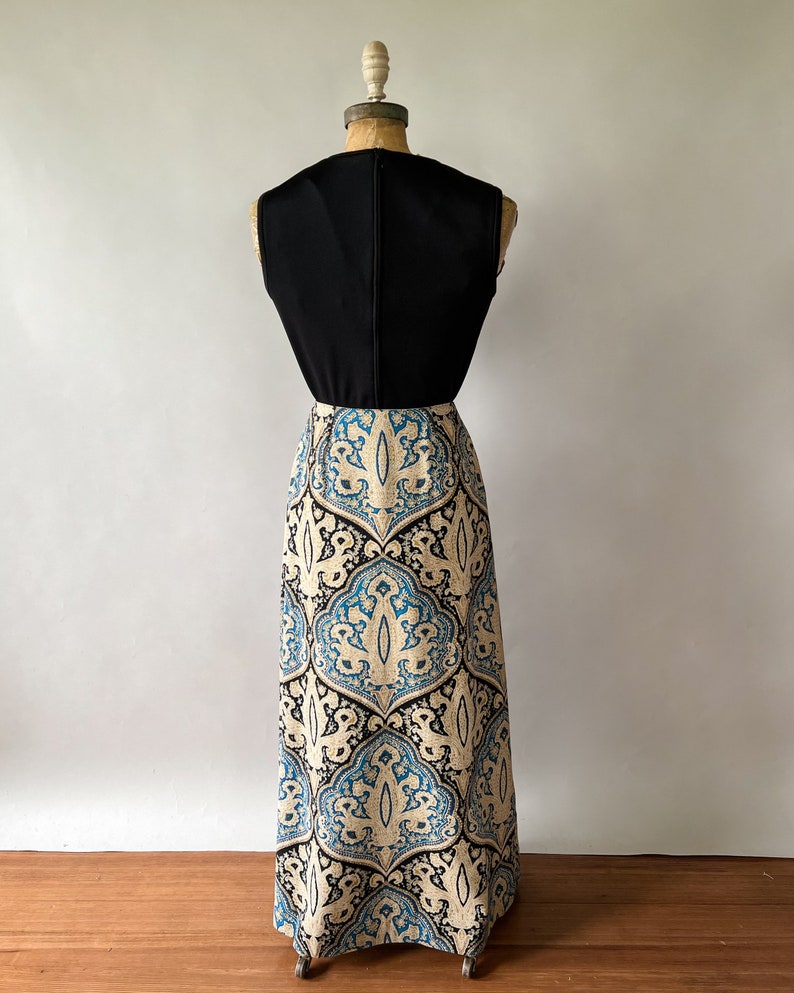 Vintage 60s skirt, 1960s blue paisley maxi skirt, zip front skirt, full length skirt, 1970s maxi skirt, Medium, W27, W28 image 8