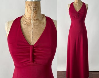 Vintage 70s Dress, 1970s Cranberry Red Polyester Knit Empire Waist Sleeveless Maxi, Hippie Style Holiday Christmas Party, Extra Small XS XXS