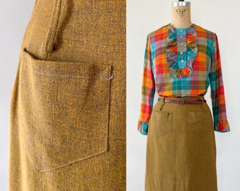 Vintage 60s Skirt, 1960s 70s Golden Brown Blue Speckled Wool Mini, High Waisted Pencil Skirt Front Pockets, Extra Small XS Small S Waist 25