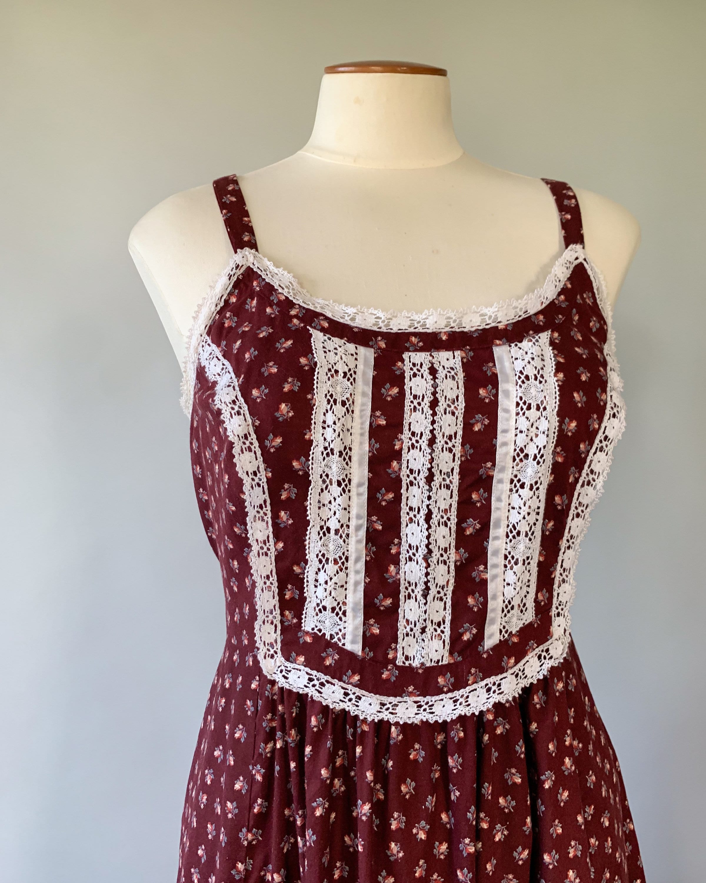 Vintage 1970s Gunne Sax style burgundy floral calico lace trim prairie ...