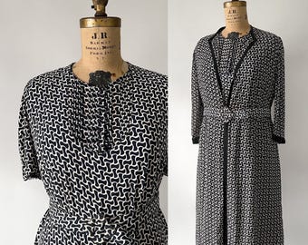 Vintage 30s Dress, 1930s Navy Blue Cream Geometric Print Rayon Crepe Midi Day Dress Set, Sheer Duster Redingote Deco Belt 3PC Set, Large L