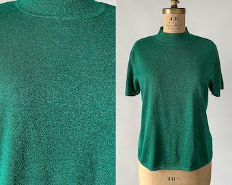 Vintage 90s Sweater, 1990s Sag Harbor Kelly Green Sparkly Mock Neck Sweater, Christmas Holiday Festive Knit Top, New Years Eve, Large L