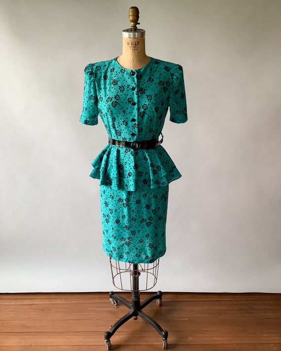 Vintage 80s dress, 1980s turquoise floral peplum … - image 2