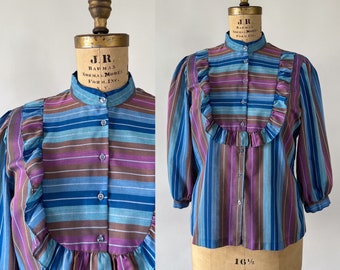 Vintage 1980s Blue Purple Jewel Tone Striped Ruffled Button Down Shirt, Medium Large