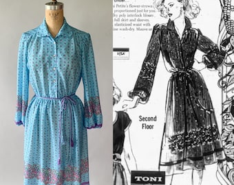 Vintage 1970s Toni Petite Blue Pink Purple Floral Border Print Prairie Shirtdress, Small