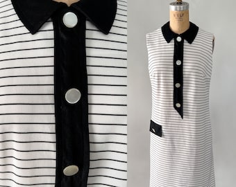 Vintage 60s dress, 1960s striped shift dress, 60s collared dress, 60s mod dress, black and white, sleeveless shift, Small Medium