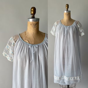 Vintage 60s Dress, 1960s Ice Blue Sheer Nylon Chiffon Short Nightgown, 1950s Style Lace Trim Babydoll Nightie, Bridal Lingerie, Small
