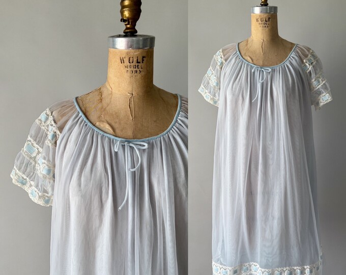 Featured listing image: Vintage 60s Dress, 1960s Ice Blue Sheer Nylon Chiffon Short Nightgown, 1950s Style Lace Trim Babydoll Nightie, Bridal Lingerie, Small