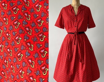 Vintage 60s Dress, 1960s Don About Red Paisley Cotton Shirtdress, 1950s Style Collared Fit And Flare Belted Day Dress, XS S 25 26 Waist