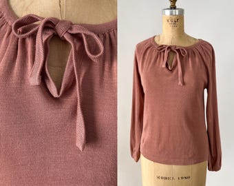 Vintage 70s Sweater, 1970s 1980s Dusty Rose Pink Acrylic Knit Peasant Top, Long Sleeve Tie Keyhole Neck Pullover Sweater, Extra Small XS S
