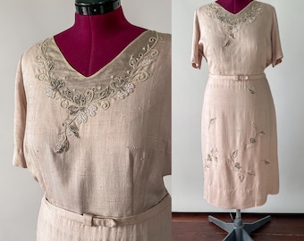 Vintage 1950s Dress, 1950s Volup Beige Silk Beaded Sheath Dress, Embellished Illusion Neck Formal Cocktail Party Dress, Large L XL, 35 Waist