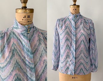 Vintage 1980s pastel ikat print high neck blouse, medium large