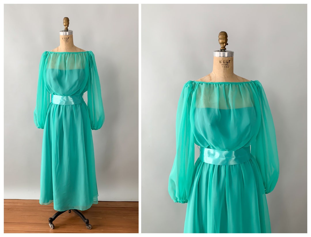 Vintage 60s Dress 1960s Turquoise Chiffon Maxi Dress Sheer - Etsy