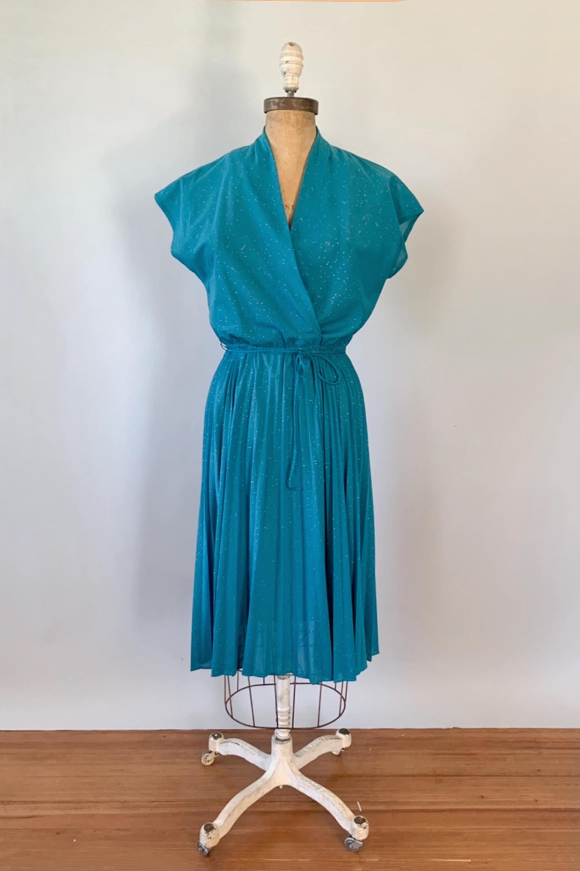 Vintage 1970s teal sparkle wrap dress Small S medium M