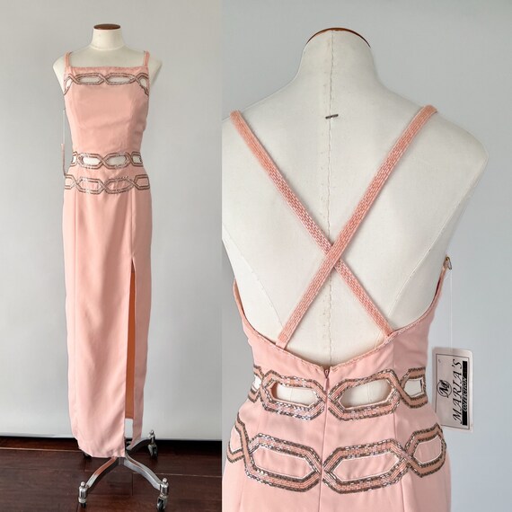 Vintage 90s Dress, 1990s Y2K Peach Pink Crepe Bea… - image 1