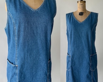 Vintage 90s Dress, 1990s Y2K Baccini Faded Blue Cotton Denim Midi Pinafore Jean Jumper, Sleeveless V Neck Pockets, Plus Size, 20W, XXL 2X