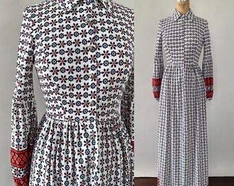Vintage 70s Dress, 1970s Mod Questo White Blue Orange Floral Patterned Nylon Tricot Knit Maxi, Collared Puff Sleeves Hippie Style, XS S