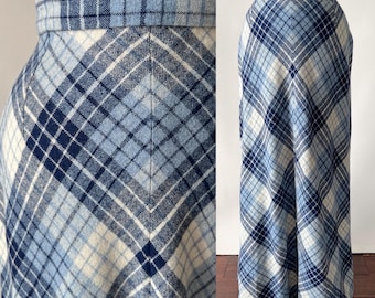 Vintage 70s Skirt, 1970s Blue White Chevron Plaid Wool Maxi, High Waisted Long Full Length, Holiday Winter Style, Extra Small XS, 24 Waist