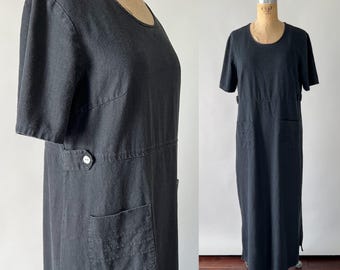 Vintage 90s Dress, 1990s Y2K Faded Washed Black Linen Dress, Short Sleeve Scoop Neck Side Tab Patch Pocket Midi, Small S Medium M