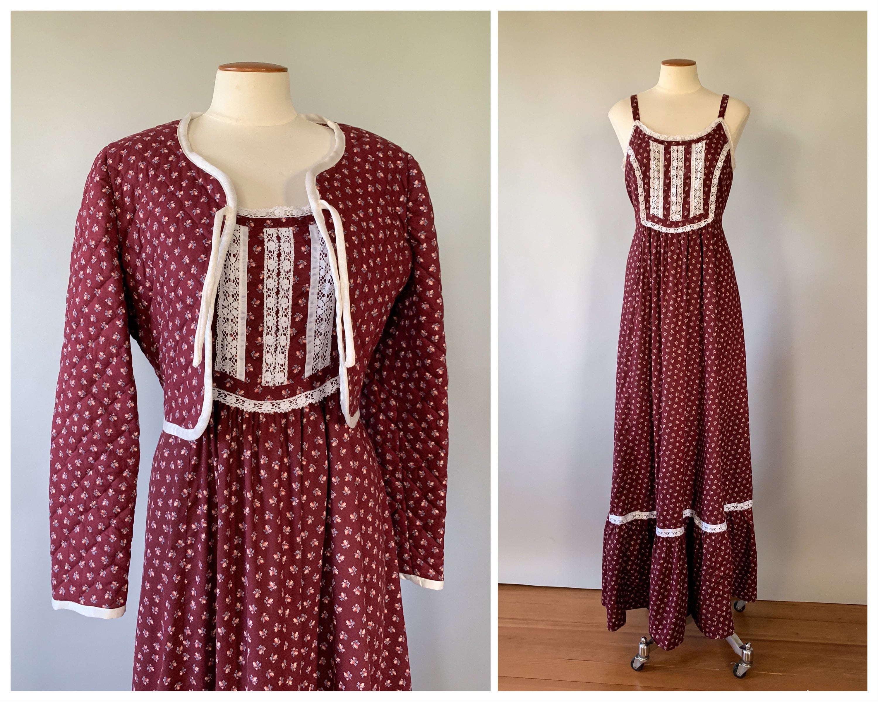 Vintage 1970s Gunne Sax style burgundy floral calico lace trim prairie ...
