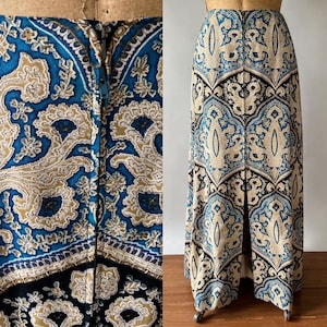 Vintage 60s skirt, 1960s blue paisley maxi skirt, zip front skirt, full length skirt, 1970s maxi skirt, Medium, W27, W28 image 1