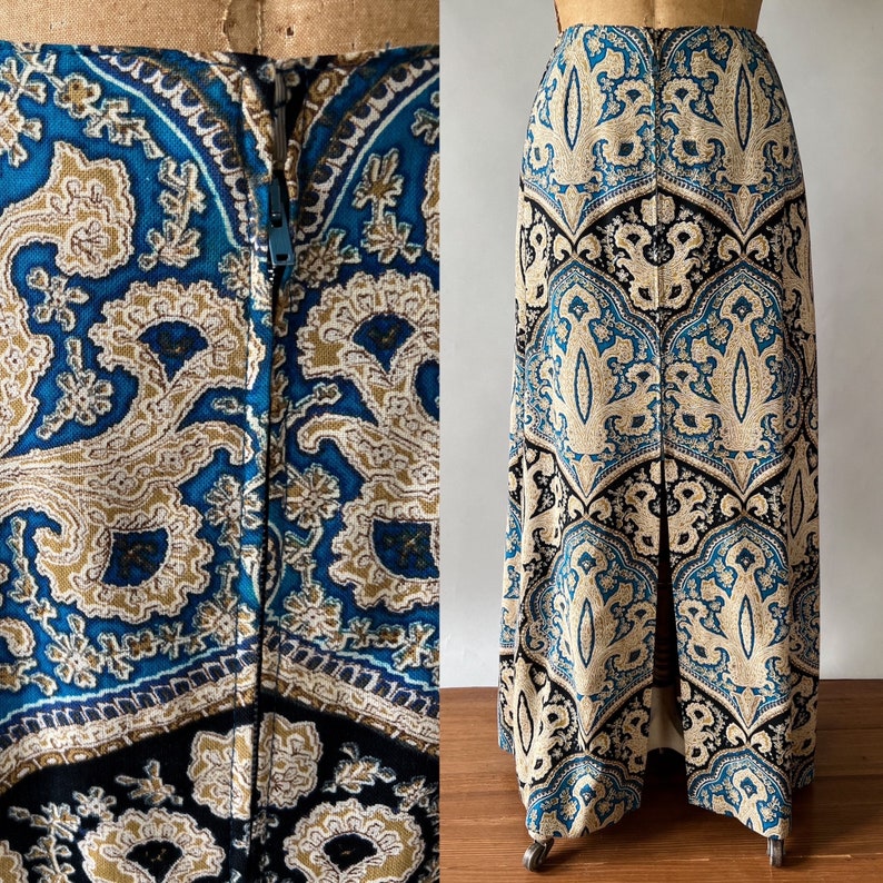 Vintage 60s skirt, 1960s blue paisley maxi skirt, zip front skirt, full length skirt, 1970s maxi skirt, Medium, W27, W28 image 1