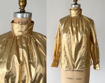 Vintage 80s Top, 1980s Gold Metallic Lame Turtleneck Blouse, Bishop Sleeve Gathered Shirt, Holiday Party Festive New Years Eve, XS S