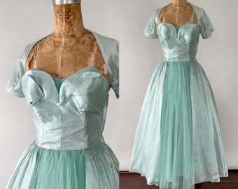 Vintage 50s Dress, 1950s Seafoam Blue Taffeta Tulle Net Sweetheart Strapless Prom Dress Bolero Hat Gloves, Formal Cupcake Party, XS 24 Waist