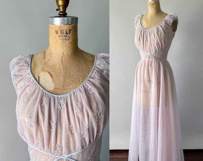 Featured listing image: Vintage 50s Dress, 1950s Blue Pink Nylon Embroidered Sheer Nightgown, Purple Full Length Cinderella Gown, Bridal Lingerie, Small, Size 34