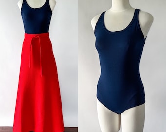 1970s Vintage Navy Blue Nylon Scoop Neck Sleeveless Bodysuit, Small